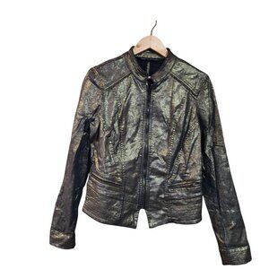 WHBM White House Black Market Metallic Gold Faux Leather Moto Jacket Womens Size